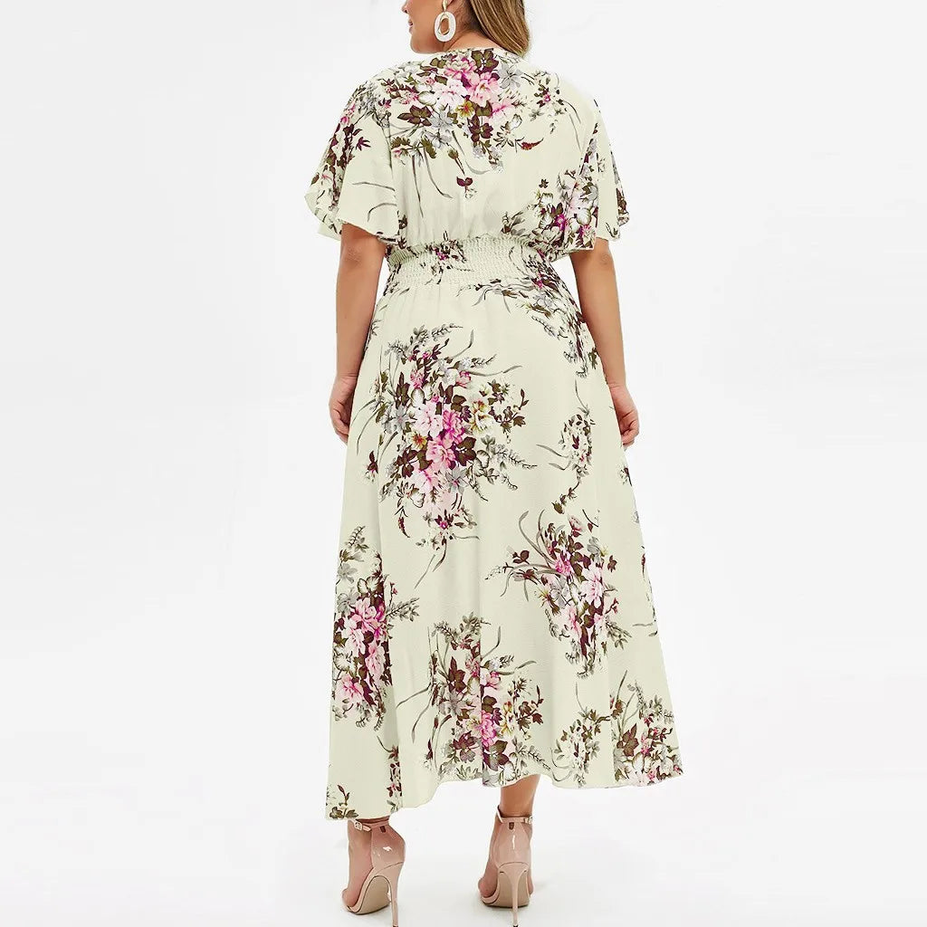 Pretty Woman Curvy Dress  - Crossover V Neck, Butterfly Sleeves, Pinched Elastic Stretch Waist, Chiffon, Flowers