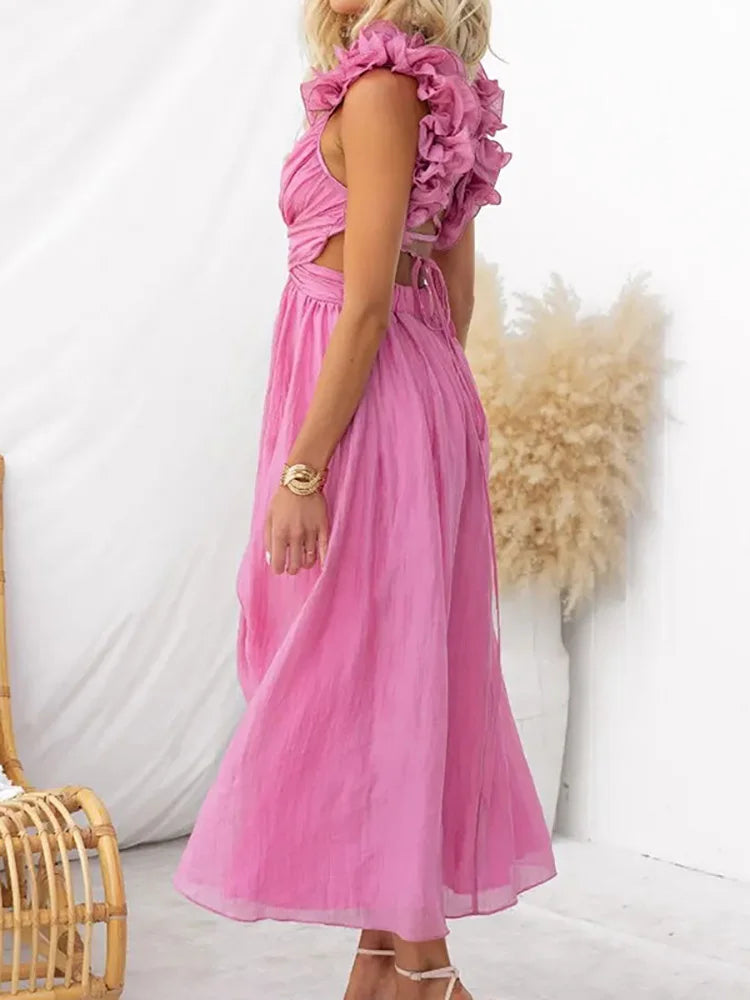 Pretty Woman Dress - V-Neck Backless, Petal Sleeveless, Elegant Maxi Dress