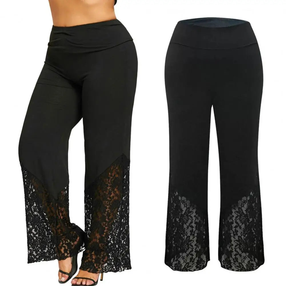 Pretty Woman Pants - Wide Leg Flower Embroidery High Waist Loose See-through Lace Patchwork Pants