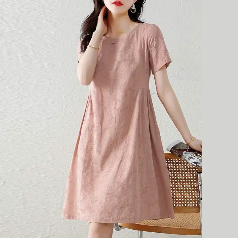 Pretty Woman Dress - Texture Fabric, Cotton, Knee-length, Short Sleeve Dress