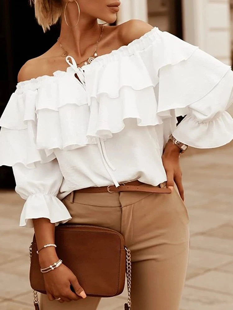 Pretty Woman Top - Femme  Ruffles,  Patchwork Flare Sleeve,  Off Shoulder, Pullovers Top