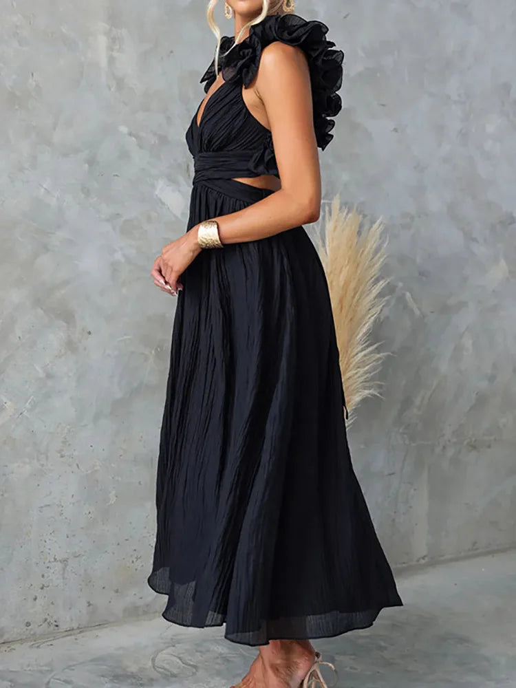 Pretty Woman Dress - V-Neck Backless, Petal Sleeveless, Elegant Maxi Dress