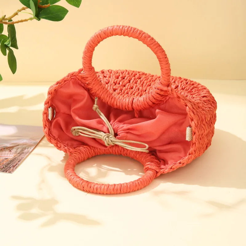 Pretty Woman Curvy Accessories - Handwoven Straw Rattan Half-Moon Handbag, Hollow Out Crossbody Shoulder Bag