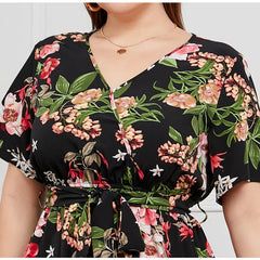 Pretty Woman Curvy Dress - Oversized loose V-neck  with elastic waist, short sleeved printed long Dress