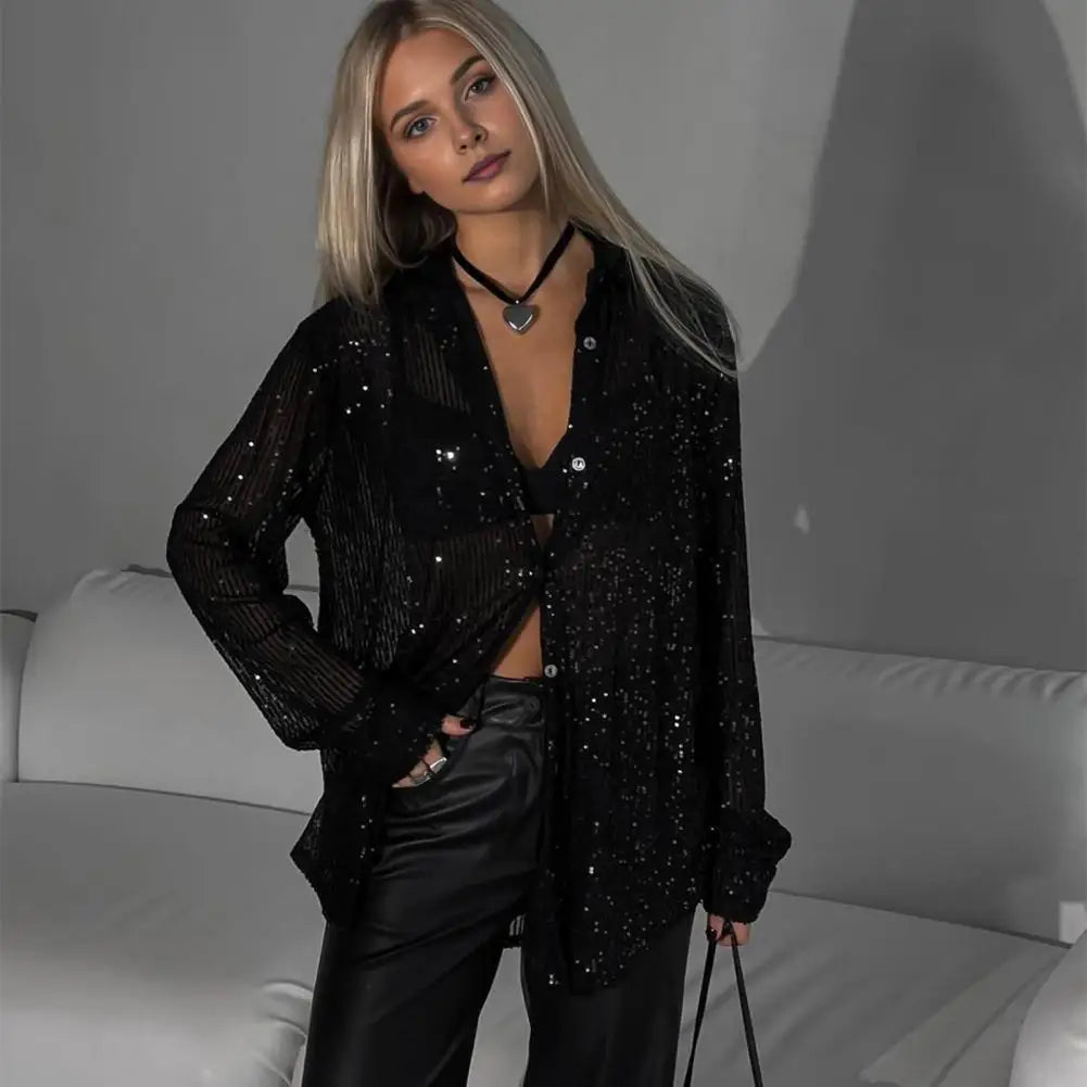 Pretty Woman Shirt - Glitter Loose Long Sleeve Turndown Collar Silver Shirt