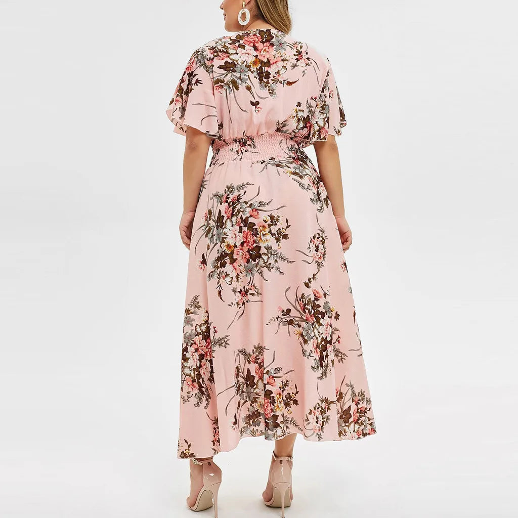 Pretty Woman Curvy Dress  - Crossover V Neck, Butterfly Sleeves, Pinched Elastic Stretch Waist, Chiffon, Flowers