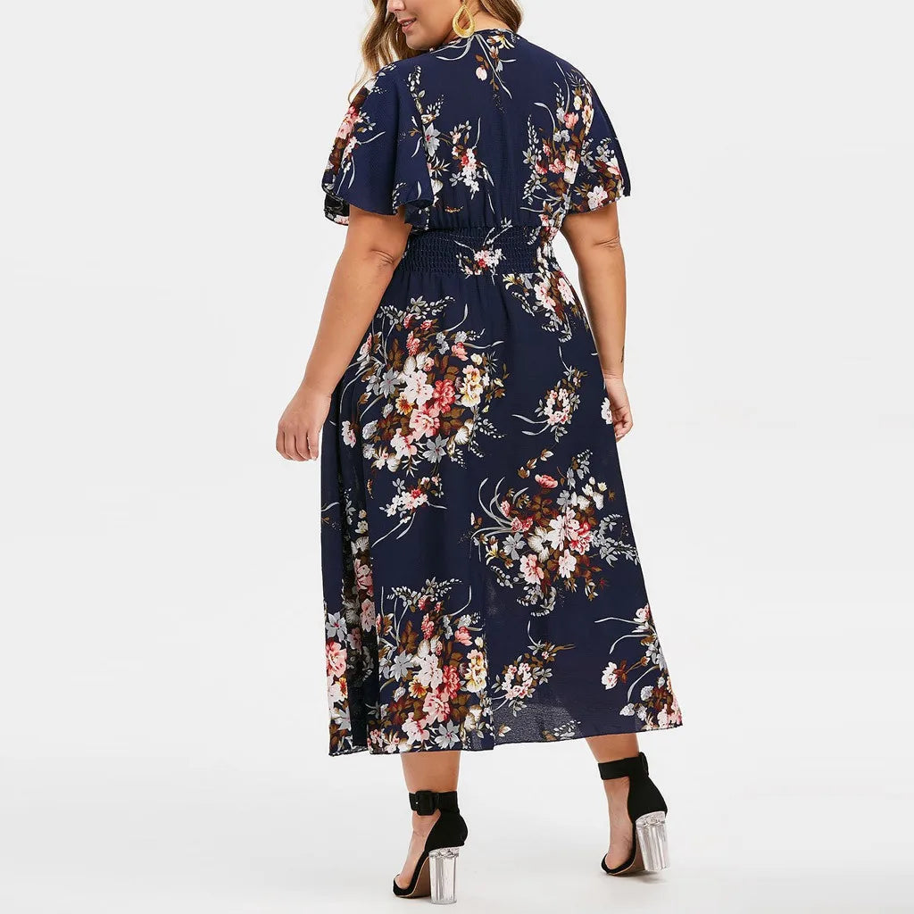 Pretty Woman Curvy Dress  - Crossover V Neck, Butterfly Sleeves, Pinched Elastic Stretch Waist, Chiffon, Flowers