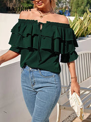 Pretty Woman Top - Femme  Ruffles,  Patchwork Flare Sleeve,  Off Shoulder, Pullovers Top