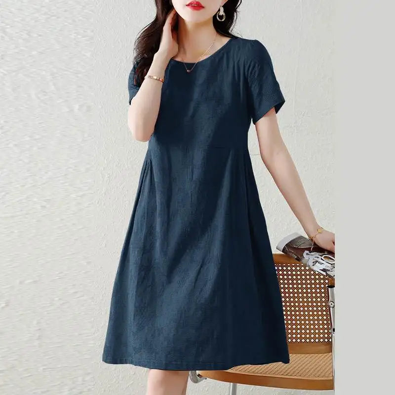 Pretty Woman Dress - Texture Fabric, Cotton, Knee-length, Short Sleeve Dress