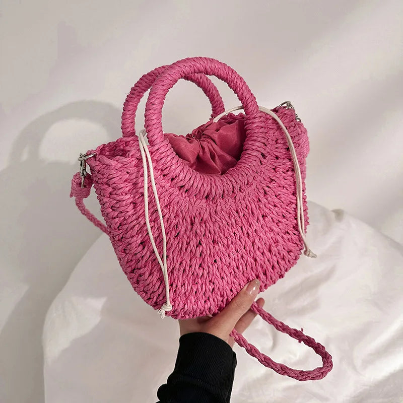 Pretty Woman Curvy Accessories - Handwoven Straw Rattan Half-Moon Handbag, Hollow Out Crossbody Shoulder Bag