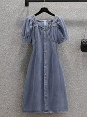 Pretty Woman Dress - Denim, Puffed Sleeves, Button up