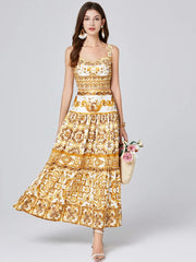 Pretty Woman Dress - Summer Holiday Yellow Porcelain Print 2 Pieces Set