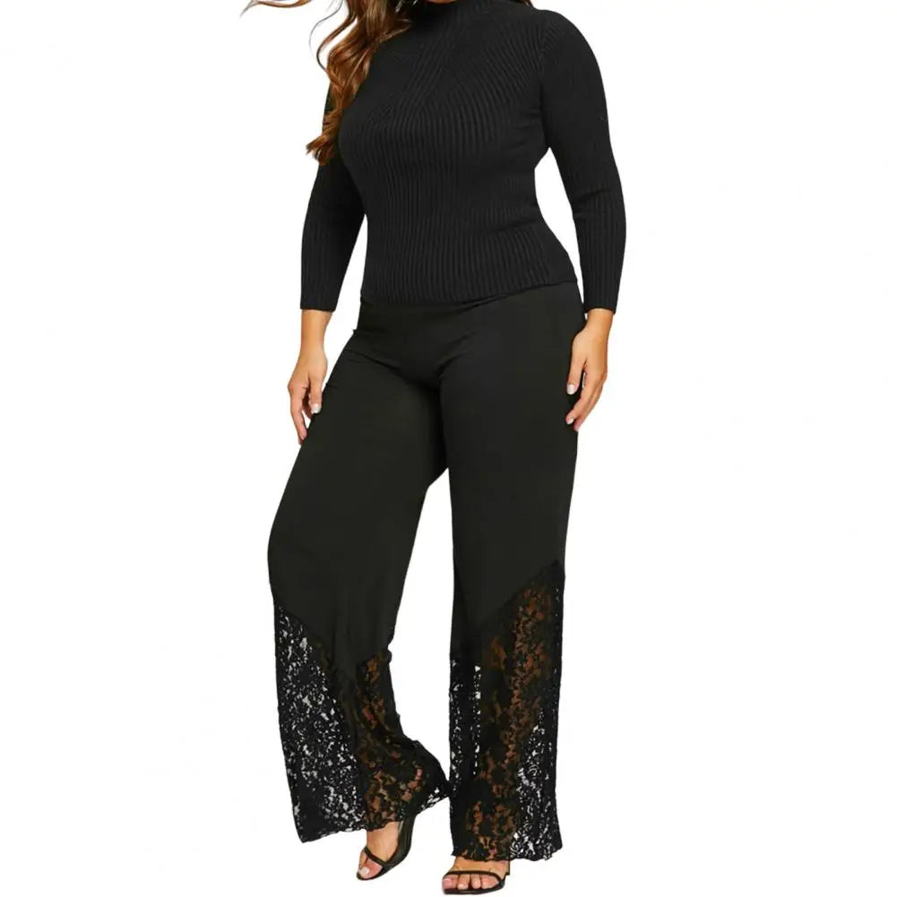 Pretty Woman Pants - Wide Leg Flower Embroidery High Waist Loose See-through Lace Patchwork Pants