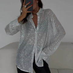 Pretty Woman Shirt - Glitter Loose Long Sleeve Turndown Collar Silver Shirt