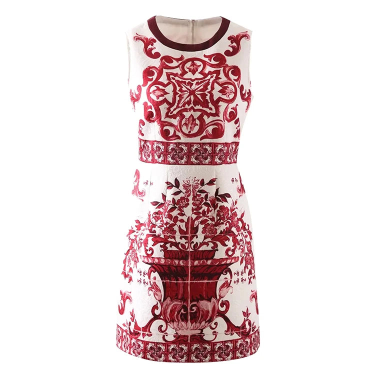 Pretty Woman Dress - Jacquard Round Neck Sleeveless Printed High Street Elegant  Dress