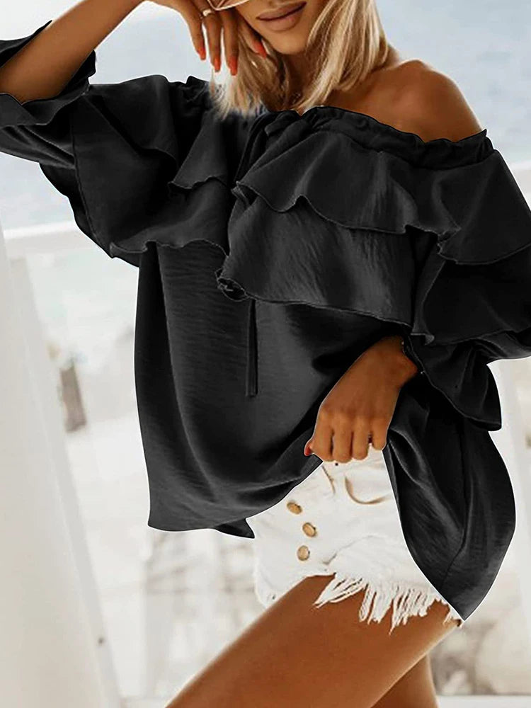 Pretty Woman Top - Femme  Ruffles,  Patchwork Flare Sleeve,  Off Shoulder, Pullovers Top