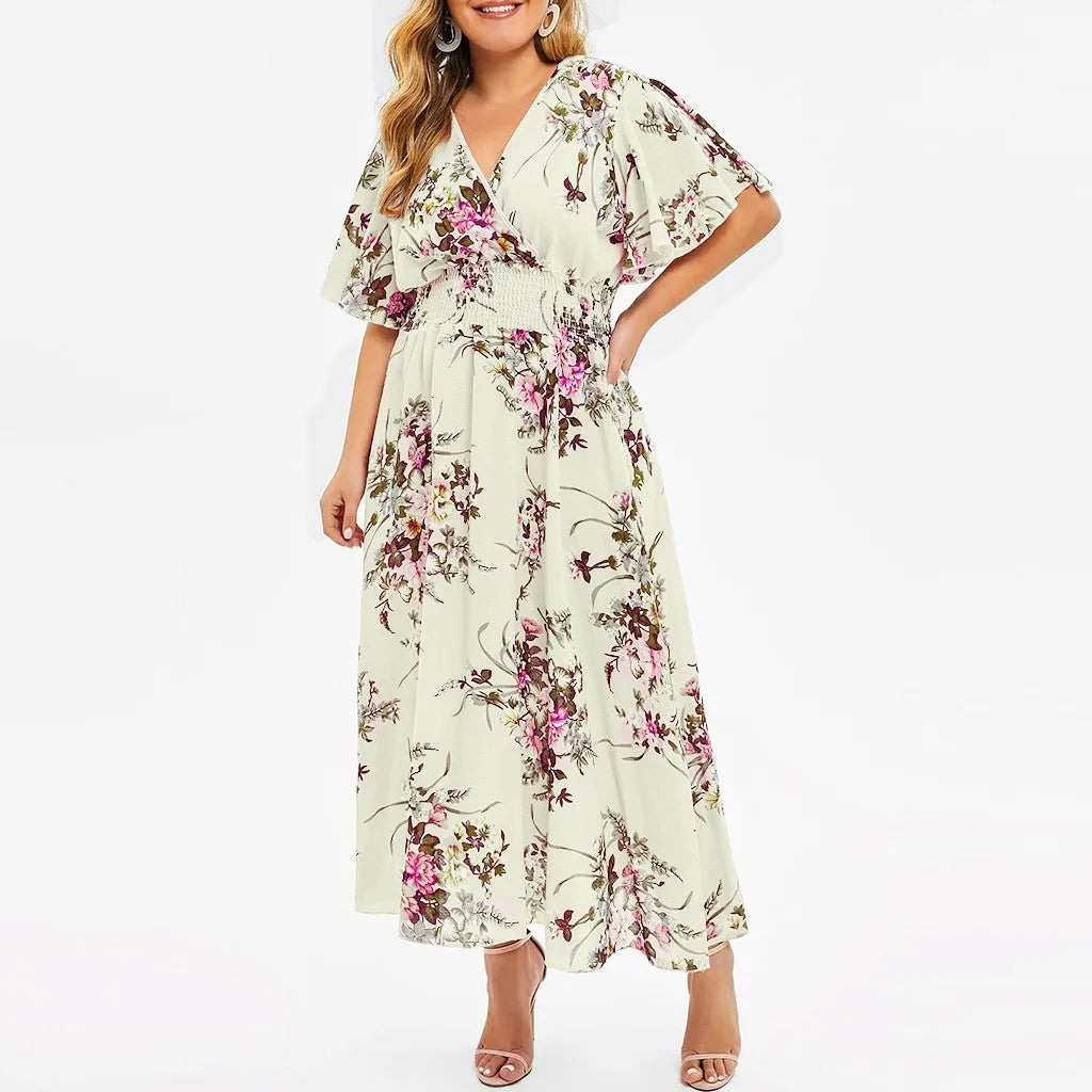 Pretty Woman Curvy Dress  - Crossover V Neck, Butterfly Sleeves, Pinched Elastic Stretch Waist, Chiffon, Flowers