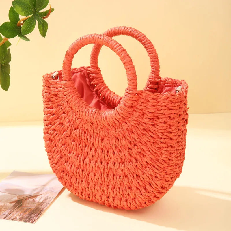 Pretty Woman Curvy Accessories - Handwoven Straw Rattan Half-Moon Handbag, Hollow Out Crossbody Shoulder Bag