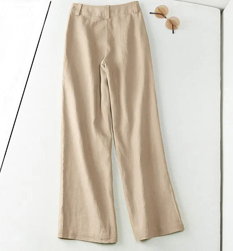 Pretty Woman Curvy Pants - Cotton Linen Long Trousers Wide Leg Plain Casual Pants