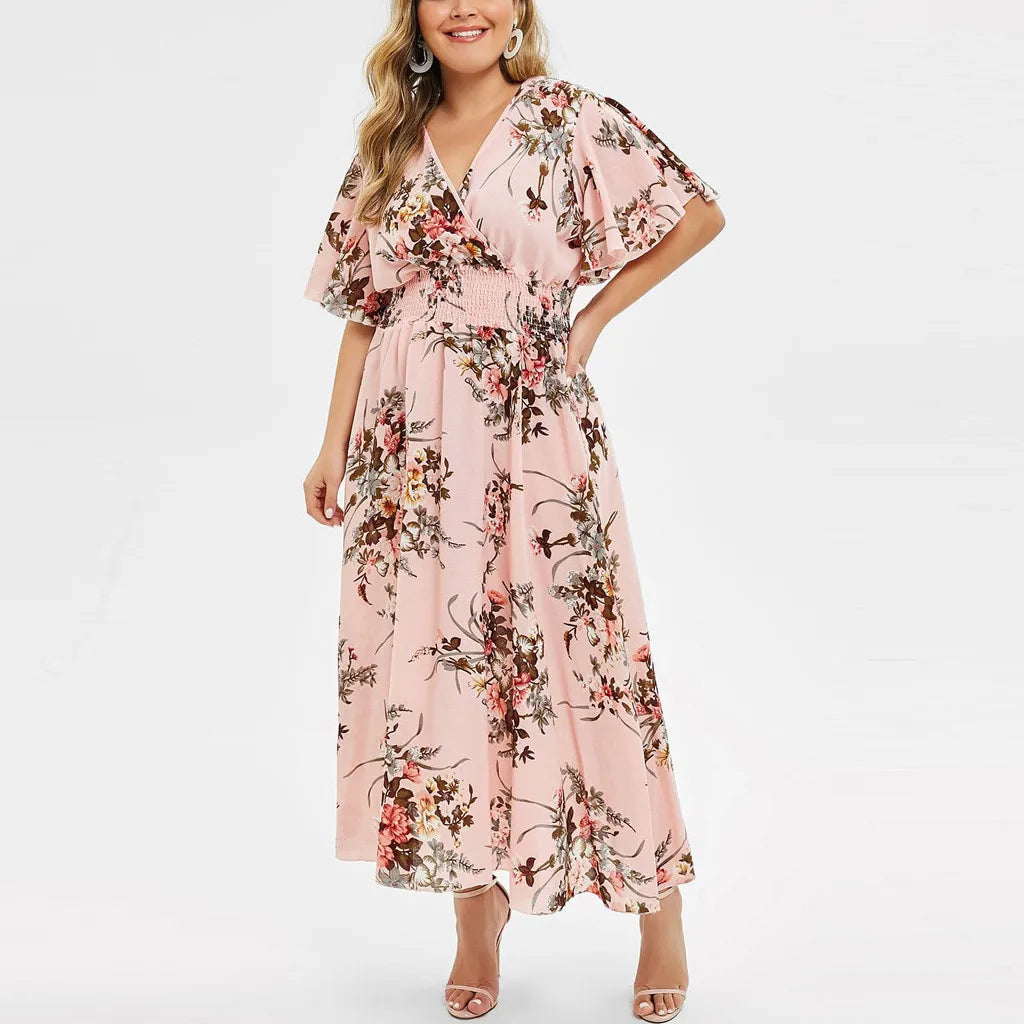 Pretty Woman Curvy Dress  - Crossover V Neck, Butterfly Sleeves, Pinched Elastic Stretch Waist, Chiffon, Flowers