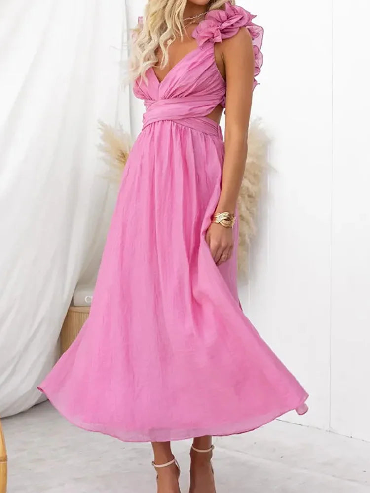 Pretty Woman Dress - V-Neck Backless, Petal Sleeveless, Elegant Maxi Dress