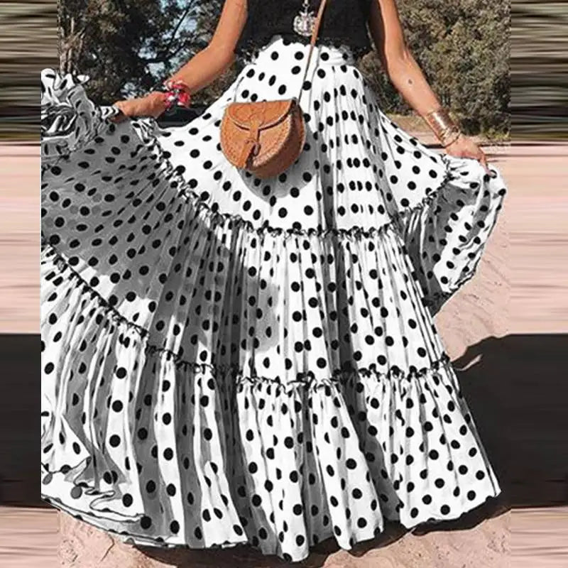 Pretty Woman Skirt - Bohemian Flared, Polka Dots, High Waist, Ruffled, Loose, Long Maxi Skirts