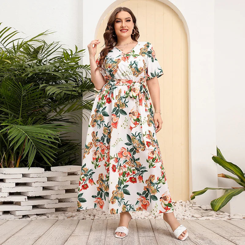 Pretty Woman Curvy Dress - Oversized loose V-neck  with elastic waist, short sleeved printed long Dress