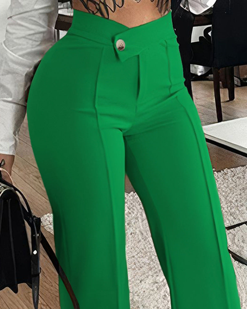 Pretty Woman Pant - Slim Straight-leg Pants With Buckle Fashion Solid Color Trousers